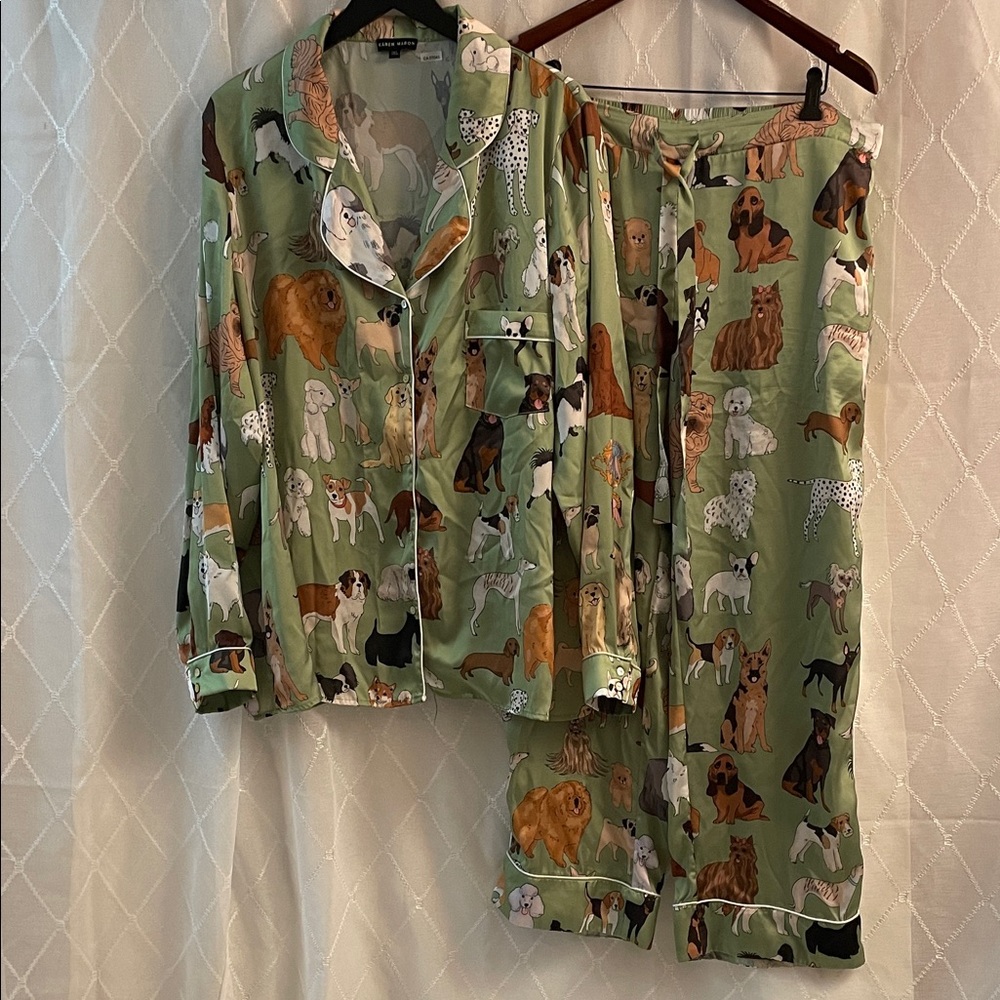 Women's Green Dog-Print Satin Pajama Set